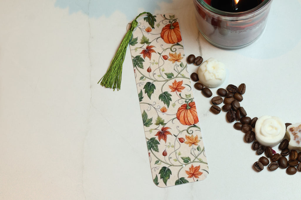 Elegant Pumpkin & Ivy Laminated Bookmark, Botanical Autumn Tasselled Marker