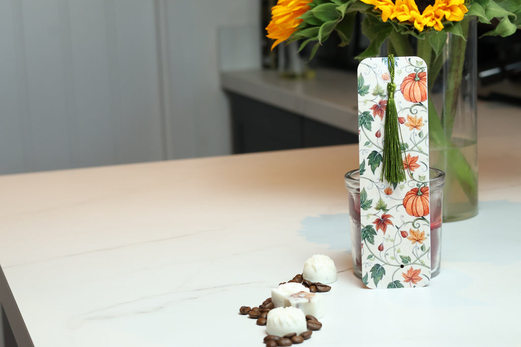 Elegant Pumpkin & Ivy Laminated Bookmark, Botanical Autumn Tasselled Marker