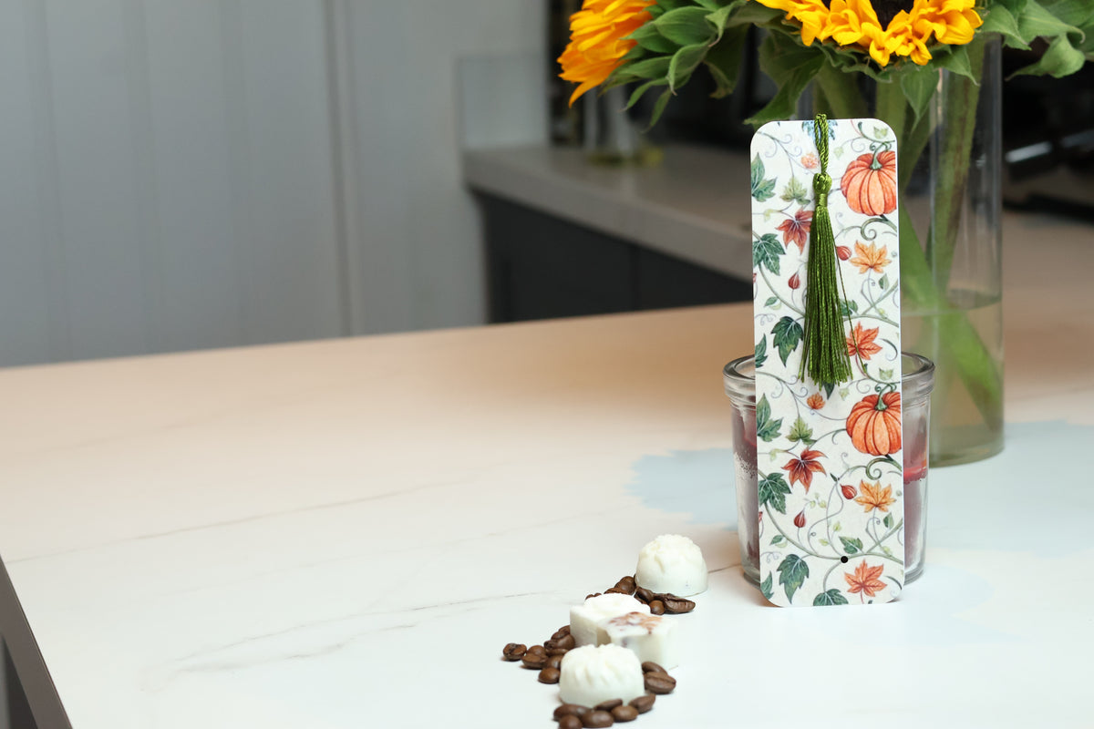 Elegant Pumpkin & Ivy Laminated Bookmark, Botanical Autumn Tasselled Marker