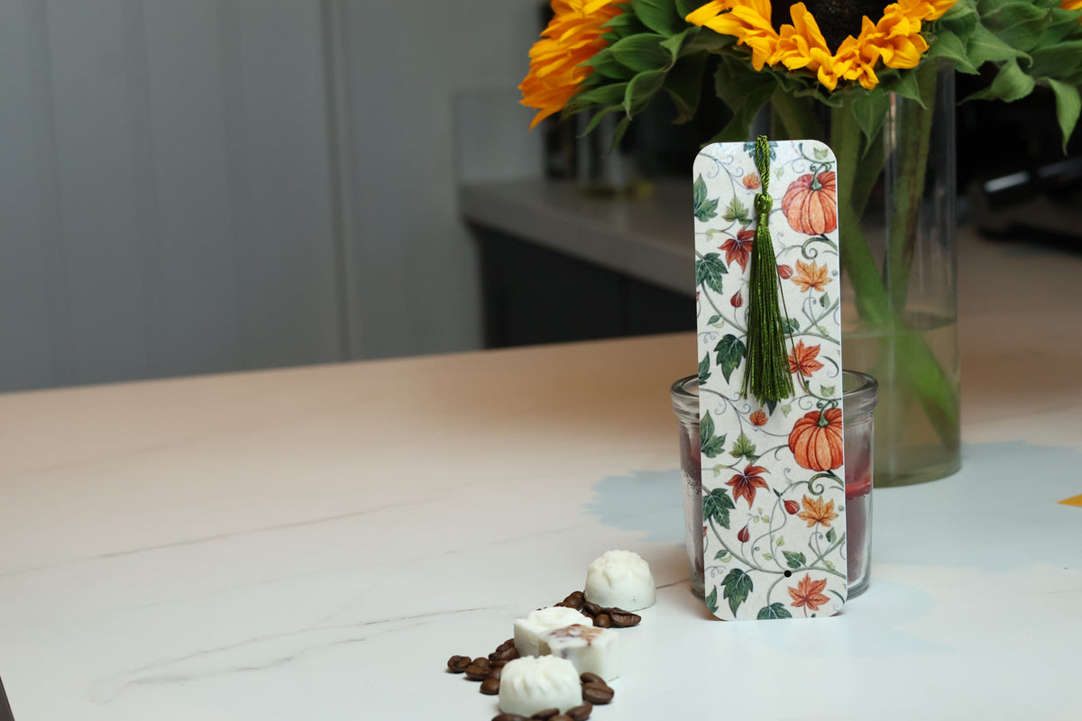 Elegant Pumpkin & Ivy Laminated Bookmark, Botanical Autumn Tasselled Marker