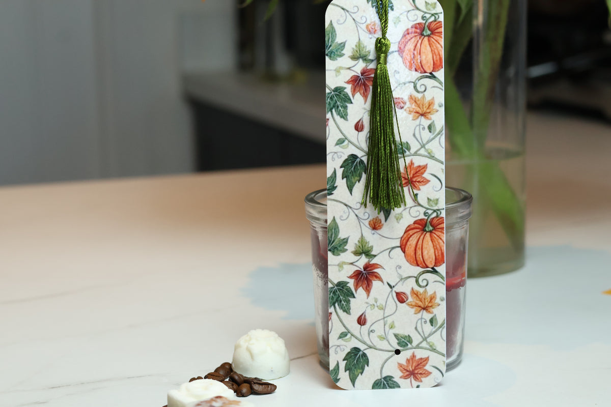 Elegant Pumpkin & Ivy Laminated Bookmark, Botanical Autumn Tasselled Marker