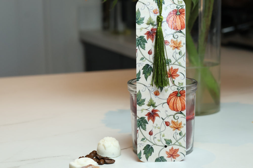 Elegant Pumpkin & Ivy Laminated Bookmark, Botanical Autumn Tasselled Marker