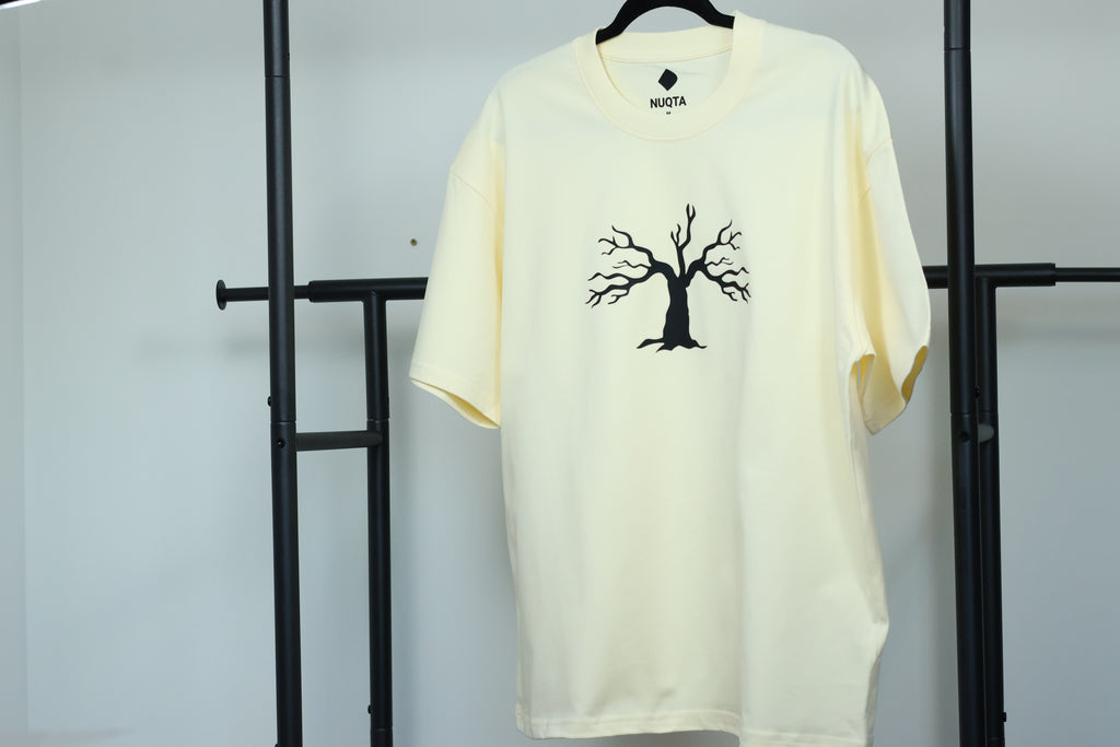 Minimalist Autumn Tree Heavyweight T-Shirt | Textured 3D Graphic Cream Tee