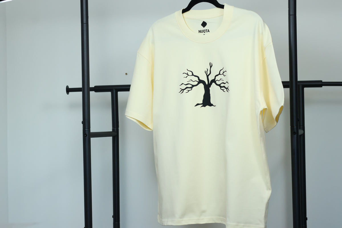Minimalist Autumn Tree Heavyweight T-Shirt | Textured 3D Graphic Cream Tee
