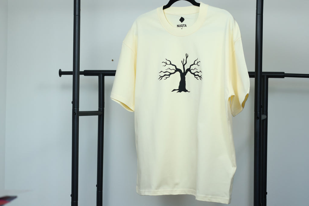 Minimalist Autumn Tree Heavyweight T-Shirt | Textured 3D Graphic Cream Tee