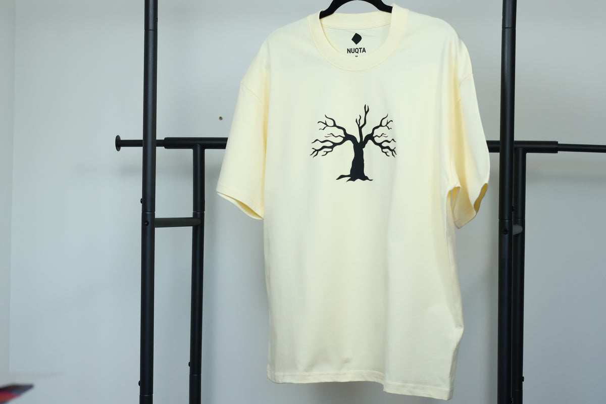 Minimalist Autumn Tree Heavyweight T-Shirt | Textured 3D Graphic Cream Tee