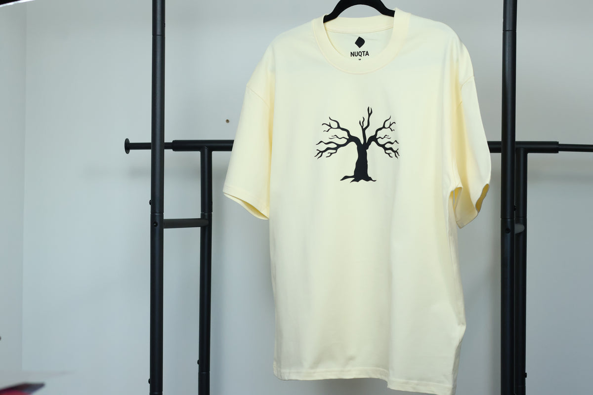 Minimalist Autumn Tree Heavyweight T-Shirt | Textured 3D Graphic Cream Tee