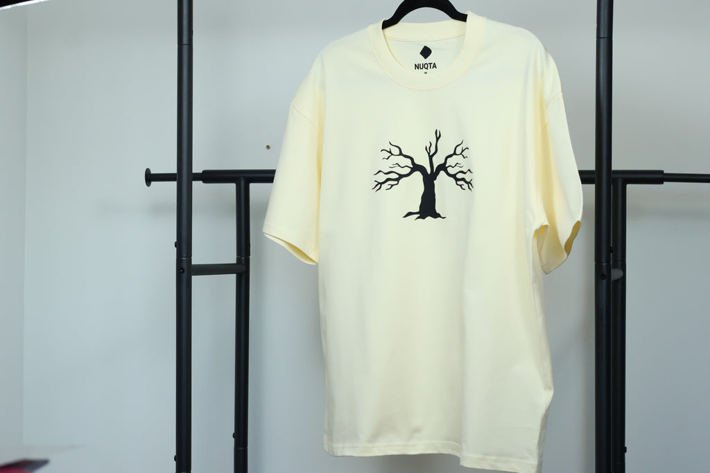 Minimalist Autumn Tree Heavyweight T-Shirt | Textured 3D Graphic Cream Tee
