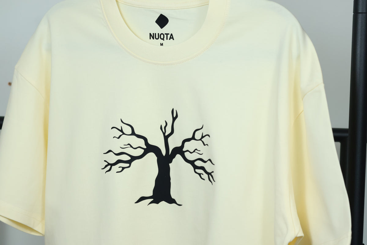 Minimalist Autumn Tree Heavyweight T-Shirt | Textured 3D Graphic Cream Tee