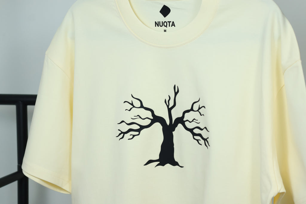 Minimalist Autumn Tree Heavyweight T-Shirt | Textured 3D Graphic Cream Tee