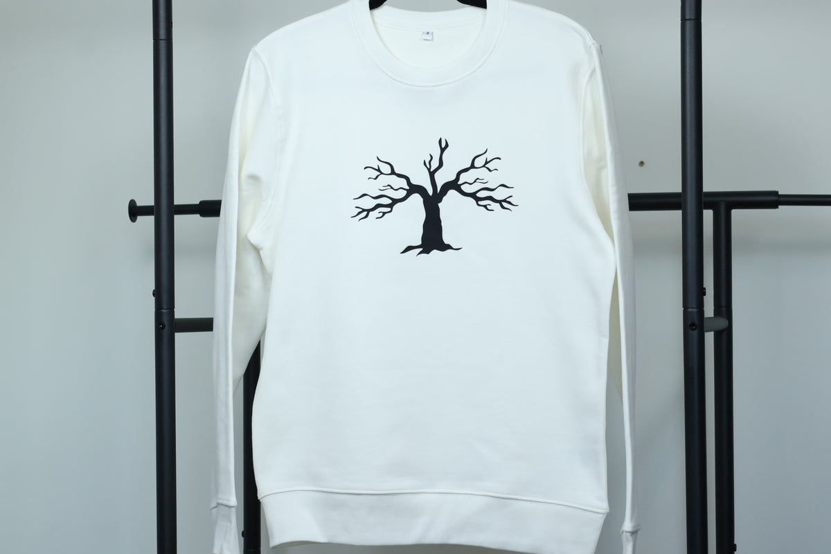 Minimalist Autumn Tree Sweatshirt | Textured 3D Graphic White Pullover