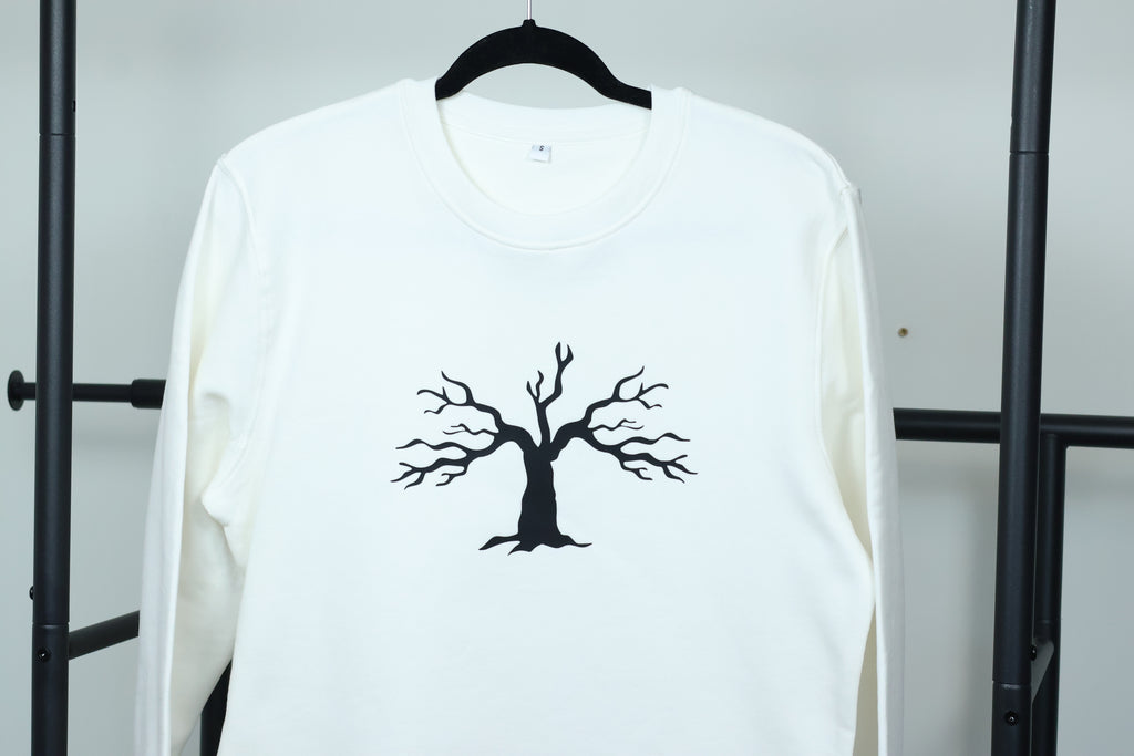 Minimalist Autumn Tree Sweatshirt | Textured 3D Graphic White Pullover