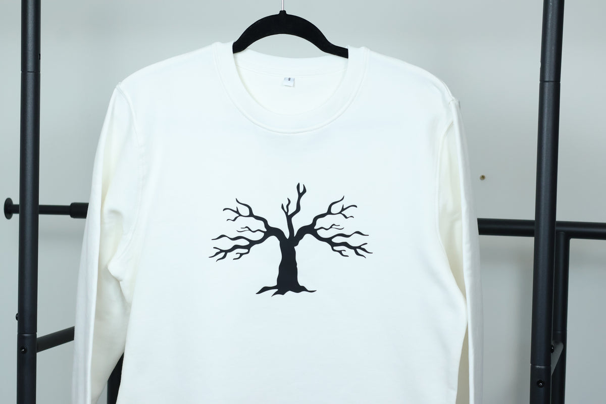 Minimalist Autumn Tree Sweatshirt | Textured 3D Graphic White Pullover