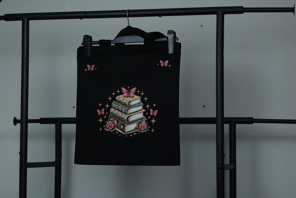 Whimsical Butterfly & Grimoire Book Stack Tote Bag | Dark Academia Canvas Bag