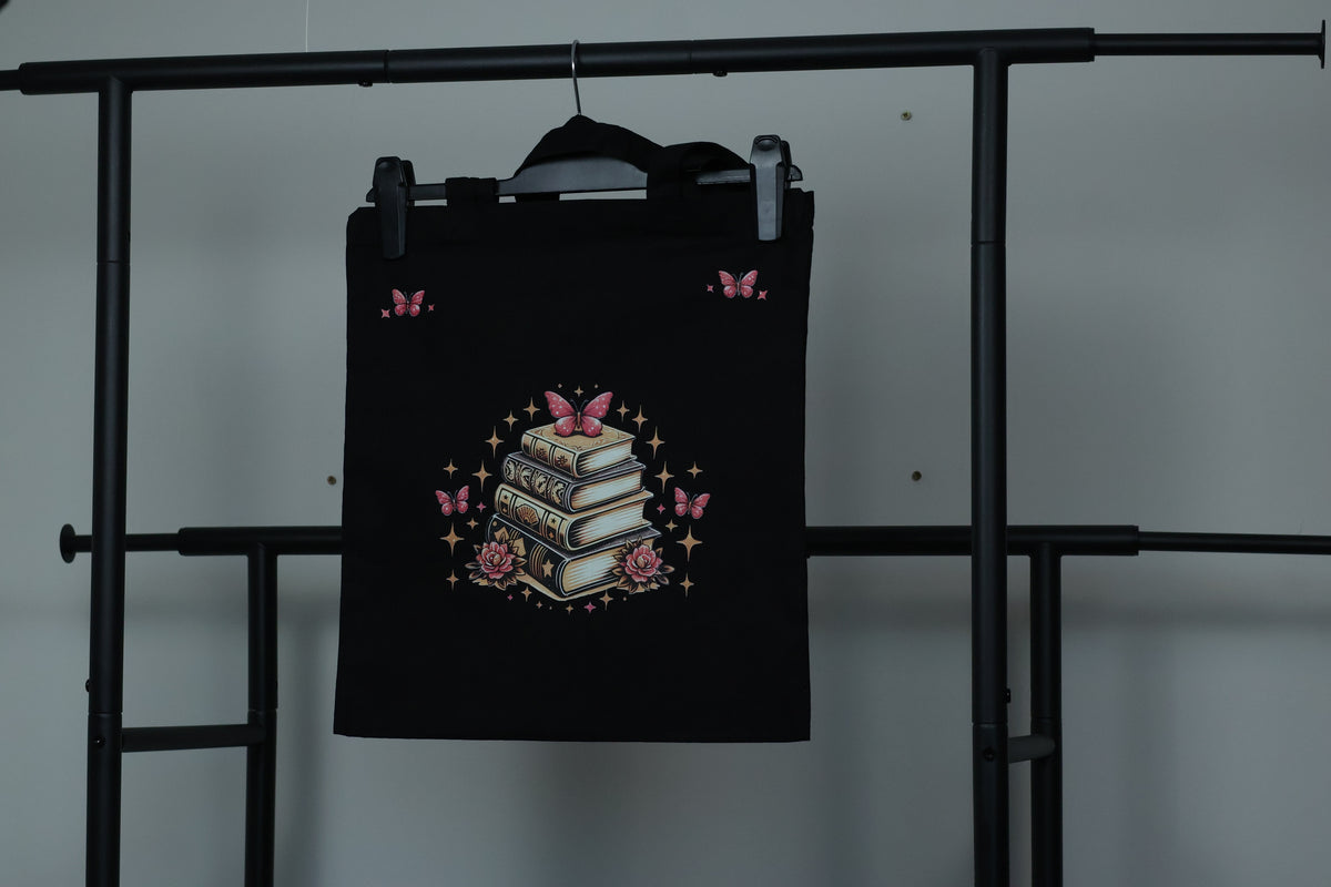 Whimsical Butterfly & Grimoire Book Stack Tote Bag | Dark Academia Canvas Bag