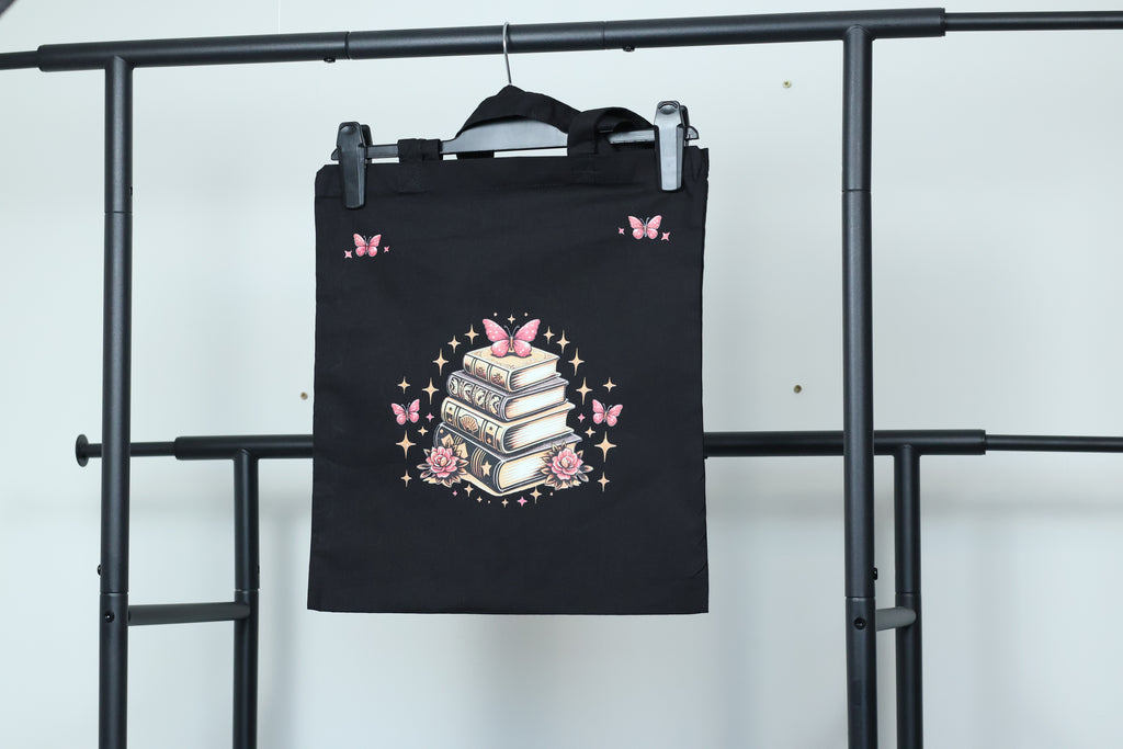 Whimsical Butterfly & Grimoire Book Stack Tote Bag | Dark Academia Canvas Bag