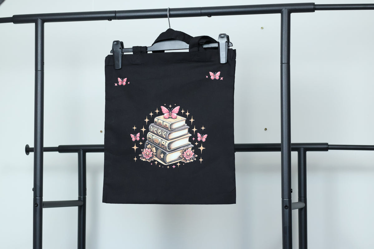 Whimsical Butterfly & Grimoire Book Stack Tote Bag | Dark Academia Canvas Bag