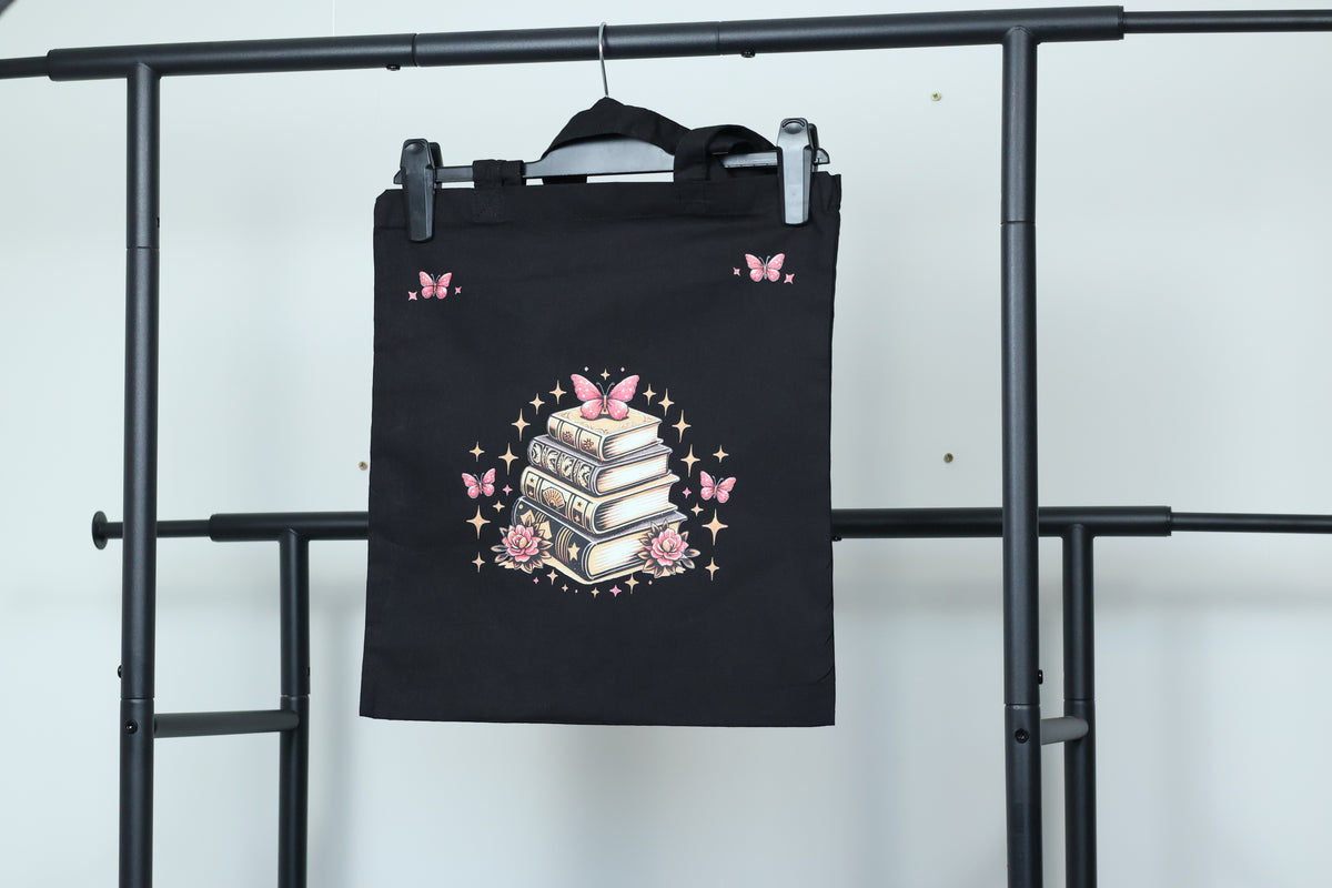 Whimsical Butterfly & Grimoire Book Stack Tote Bag | Dark Academia Canvas Bag