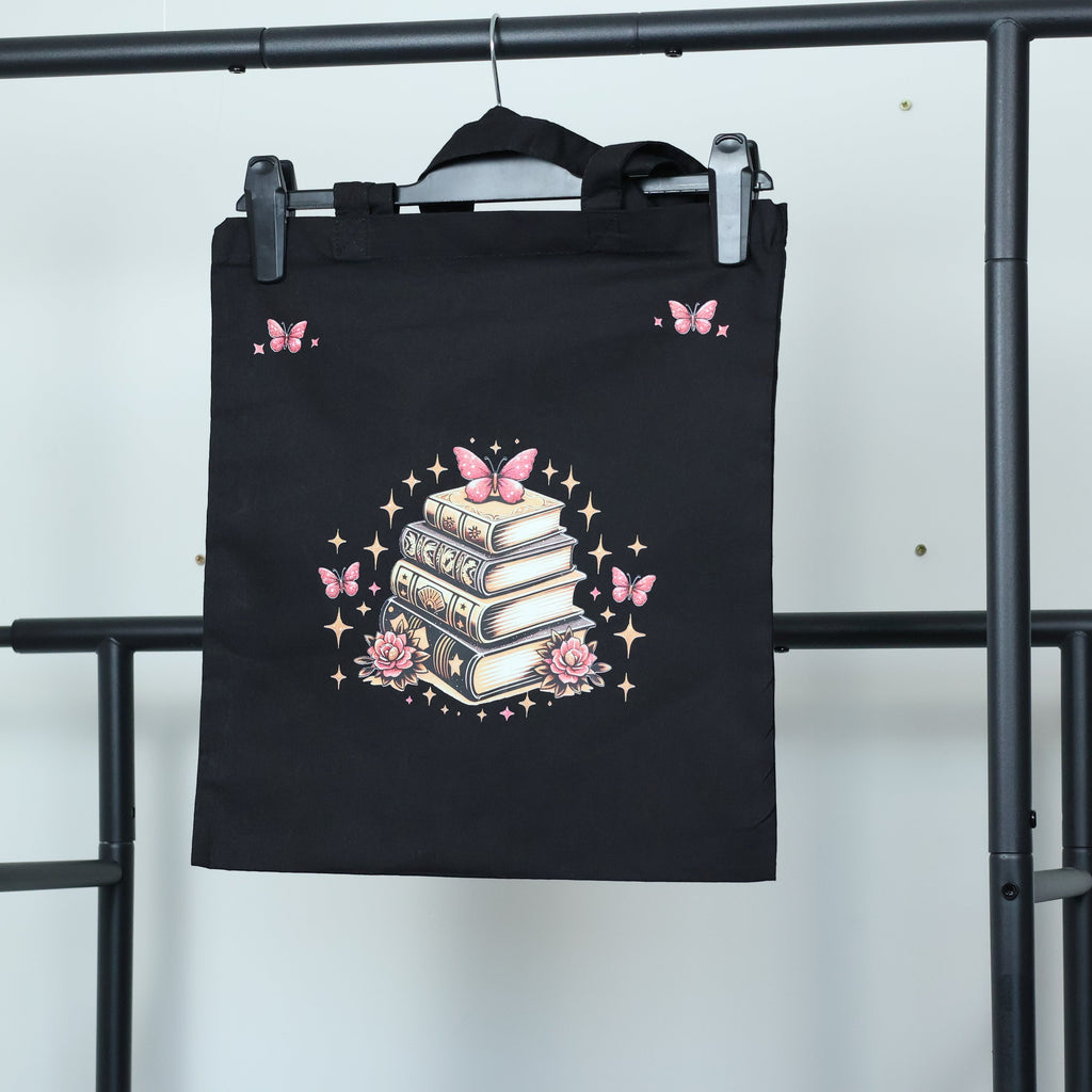 Whimsical Butterfly & Grimoire Book Stack Tote Bag | Dark Academia Canvas Bag