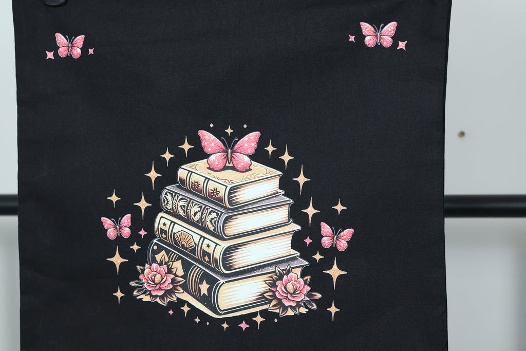 Whimsical Butterfly & Grimoire Book Stack Tote Bag | Dark Academia Canvas Bag