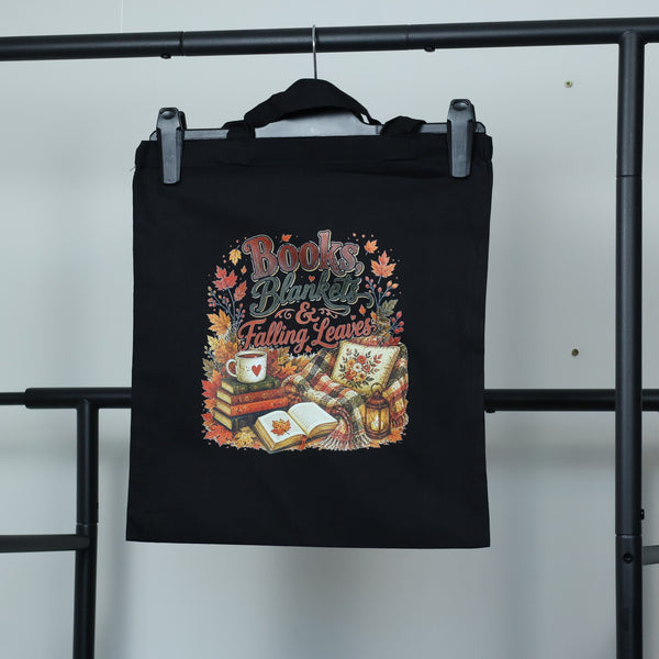 Books, Blankets & Falling Leaves Tote Bag | Autumn Cozy Reader Canvas