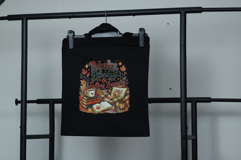 Books, Blankets & Falling Leaves Tote Bag | Autumn Cozy Reader Canvas