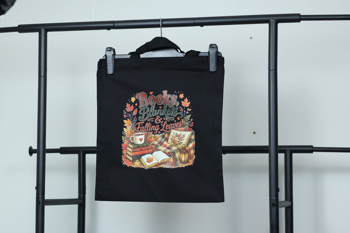 Books, Blankets & Falling Leaves Tote Bag | Autumn Cozy Reader Canvas