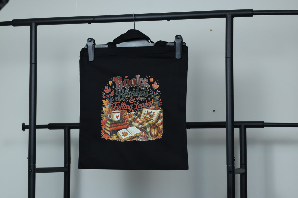 Books, Blankets & Falling Leaves Tote Bag | Autumn Cozy Reader Canvas