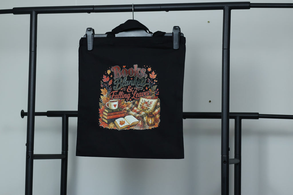 Books, Blankets & Falling Leaves Tote Bag | Autumn Cozy Reader Canvas