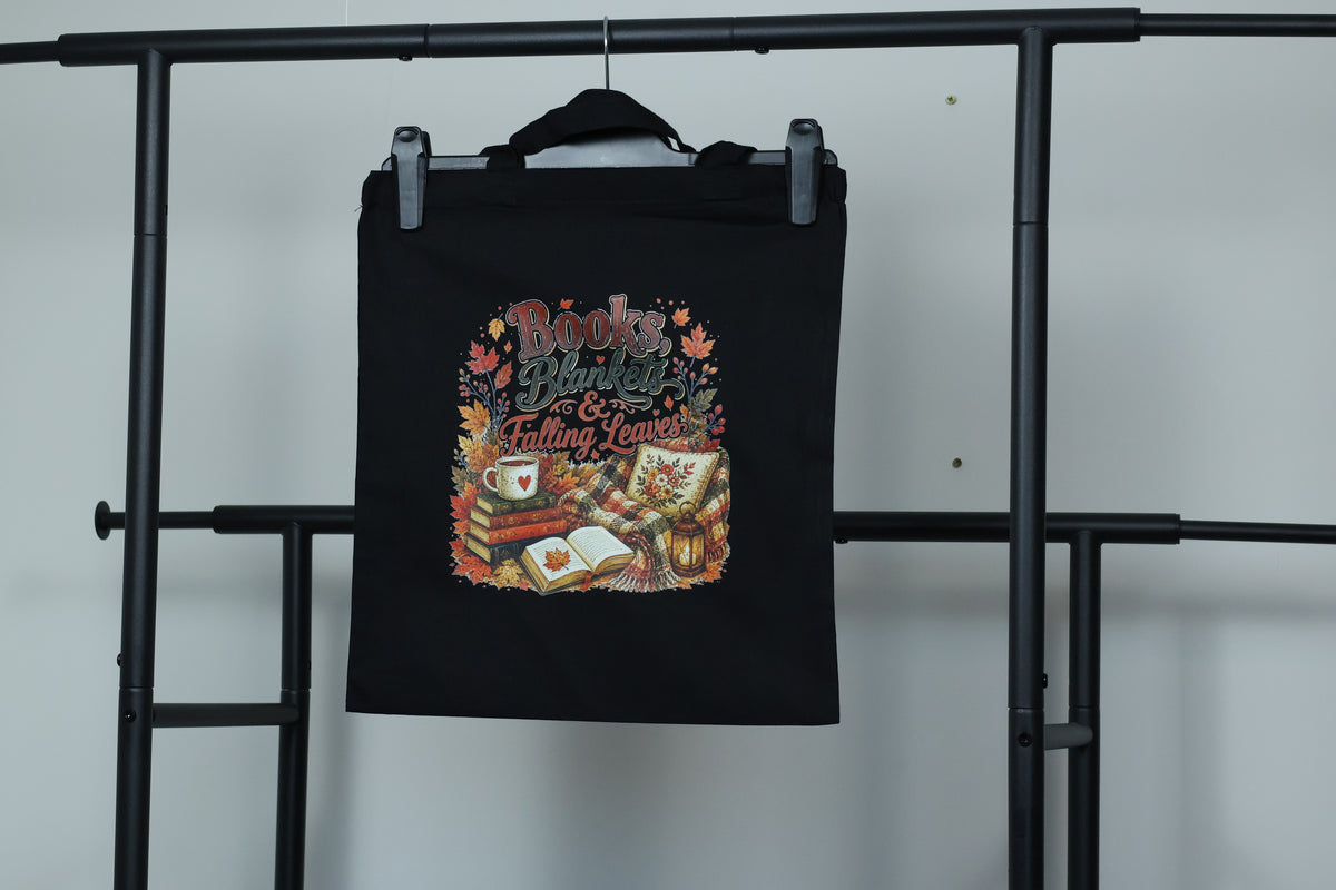 Books, Blankets & Falling Leaves Tote Bag | Autumn Cozy Reader Canvas