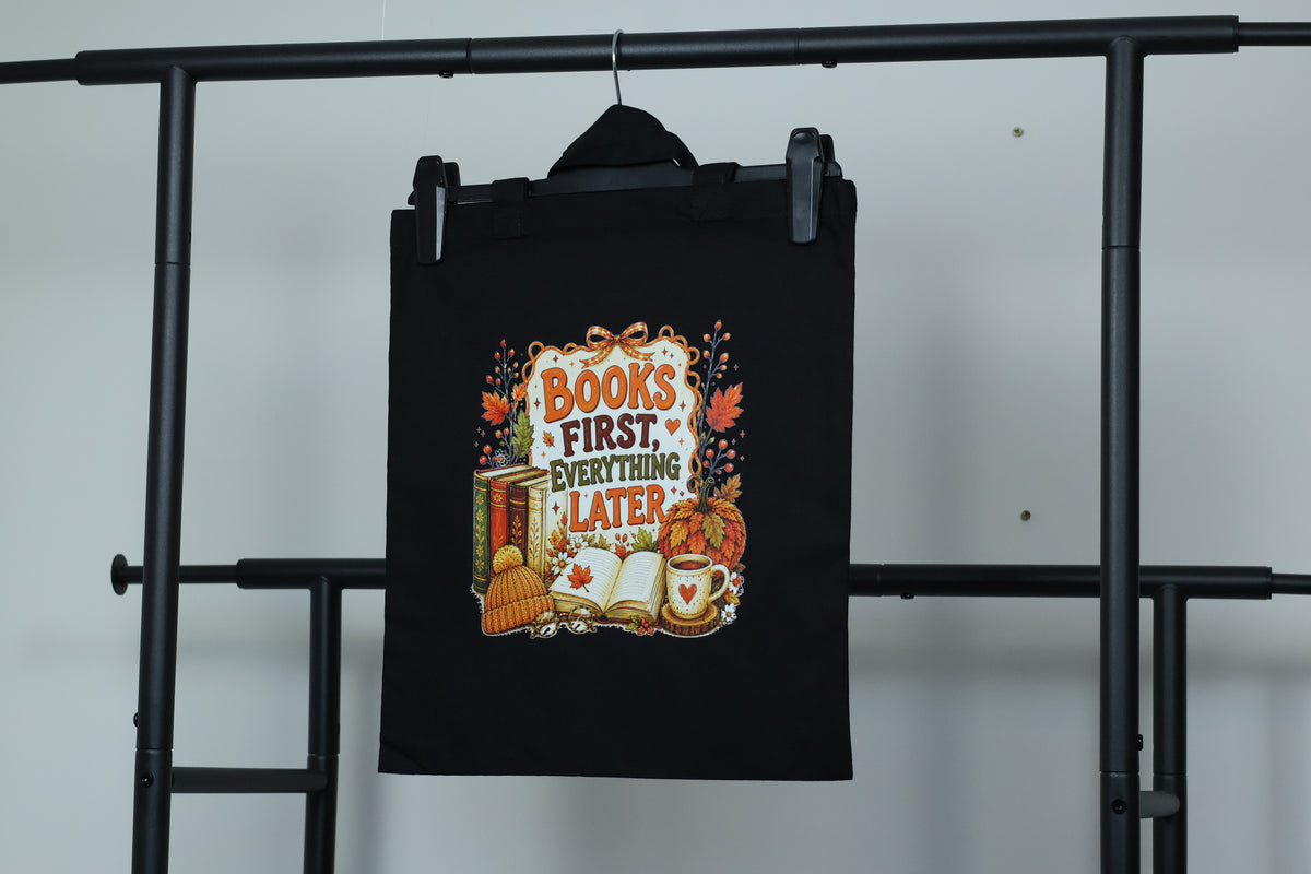 Books First, Everything Later" Canvas Tote Bag | Cozy Autumn Reader Accessory