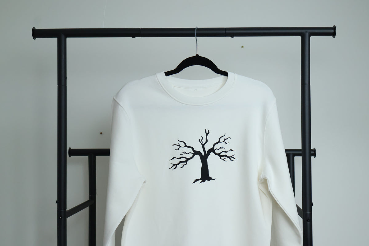 Minimalist Autumn Tree Sweatshirt | Textured 3D Graphic White Pullover