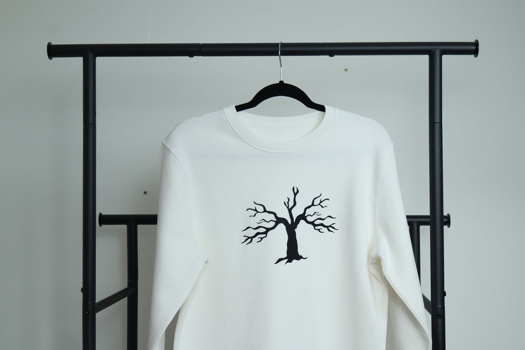 Minimalist Autumn Tree Sweatshirt | Textured 3D Graphic White Pullover