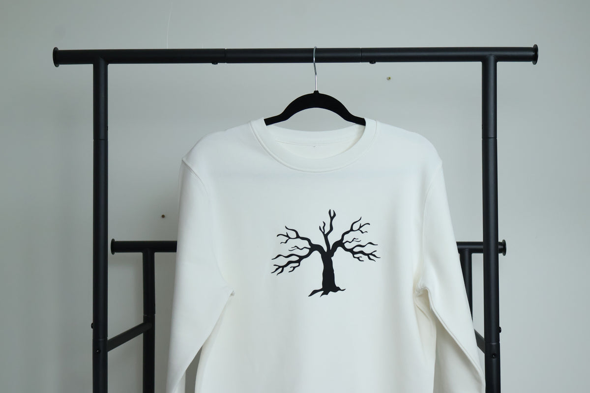 Minimalist Autumn Tree Sweatshirt | Textured 3D Graphic White Pullover