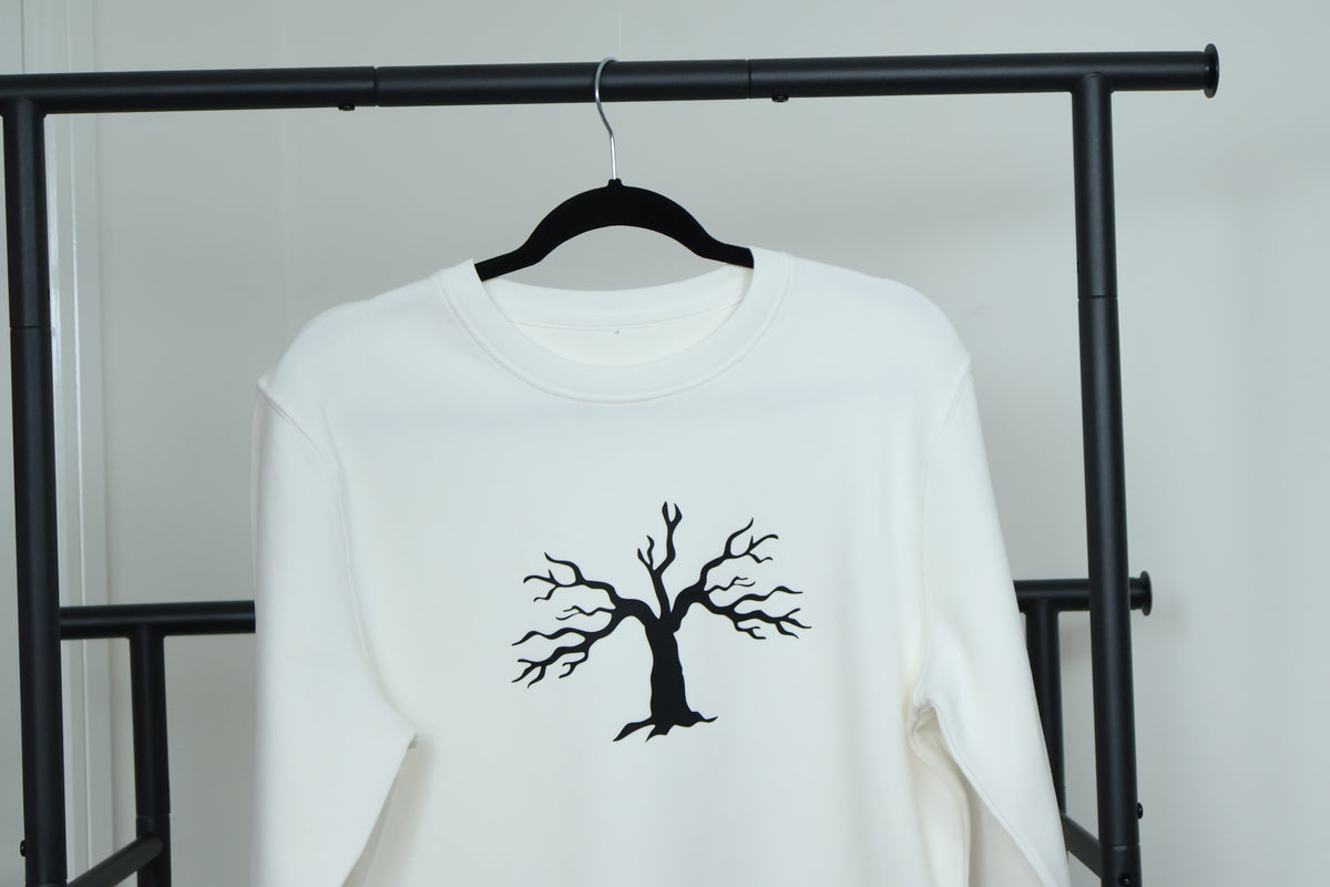 Minimalist Autumn Tree Sweatshirt | Textured 3D Graphic White Pullover