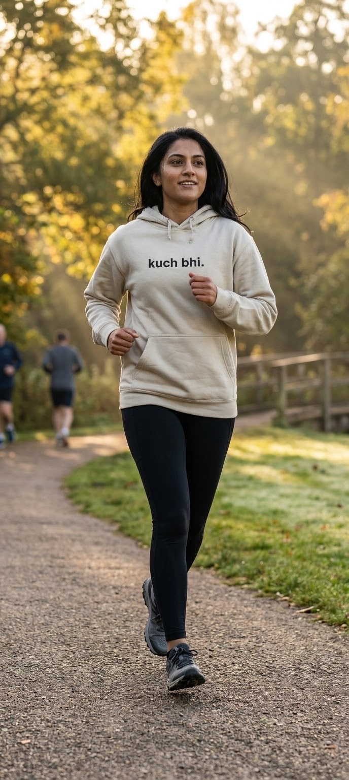 Oatmeal "Kuch Bhi" luxury Hoodie | Minimalist Urdu Quote Streetwear | Textured 3D Lettering