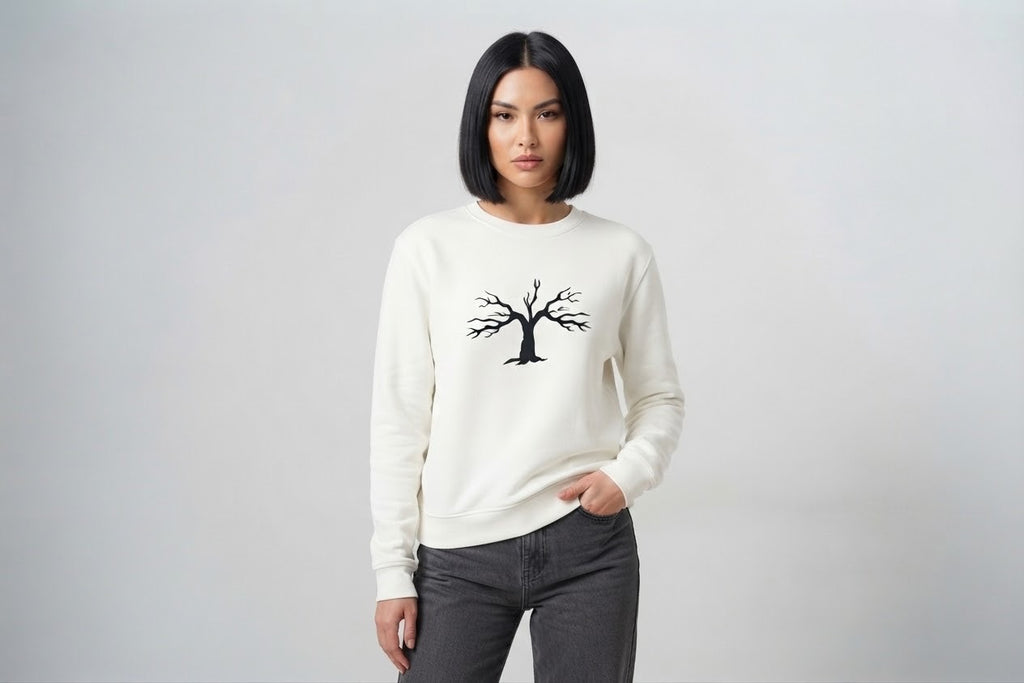 Minimalist Autumn Tree Sweatshirt | Textured 3D Graphic White Pullover