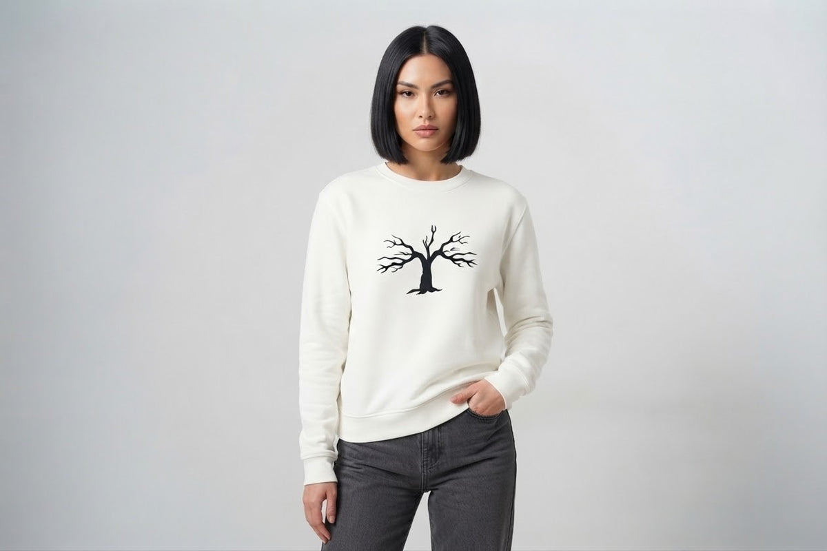 Minimalist Autumn Tree Sweatshirt | Textured 3D Graphic White Pullover