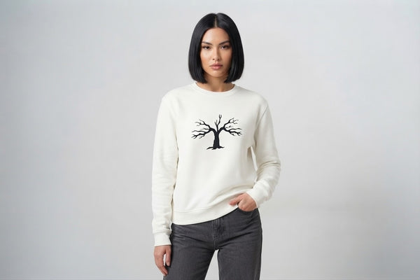 Minimalist Autumn Tree Sweatshirt | Textured 3D Graphic White Pullover