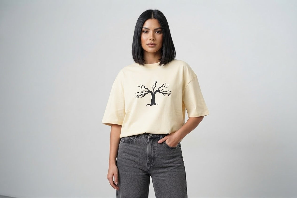 Minimalist Autumn Tree Heavyweight T-Shirt | Textured 3D Graphic Cream Tee