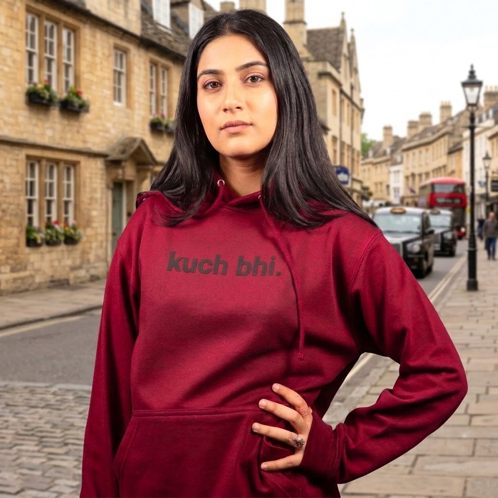 Burgundy "Kuch Bhi" luxury Hoodie | Minimalist Urdu Quote Streetwear | Textured 3D Lettering