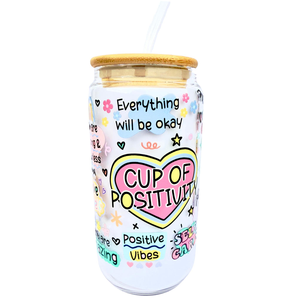 Cup of Positivity – Glass Tumbler with Bamboo Lid & Straw