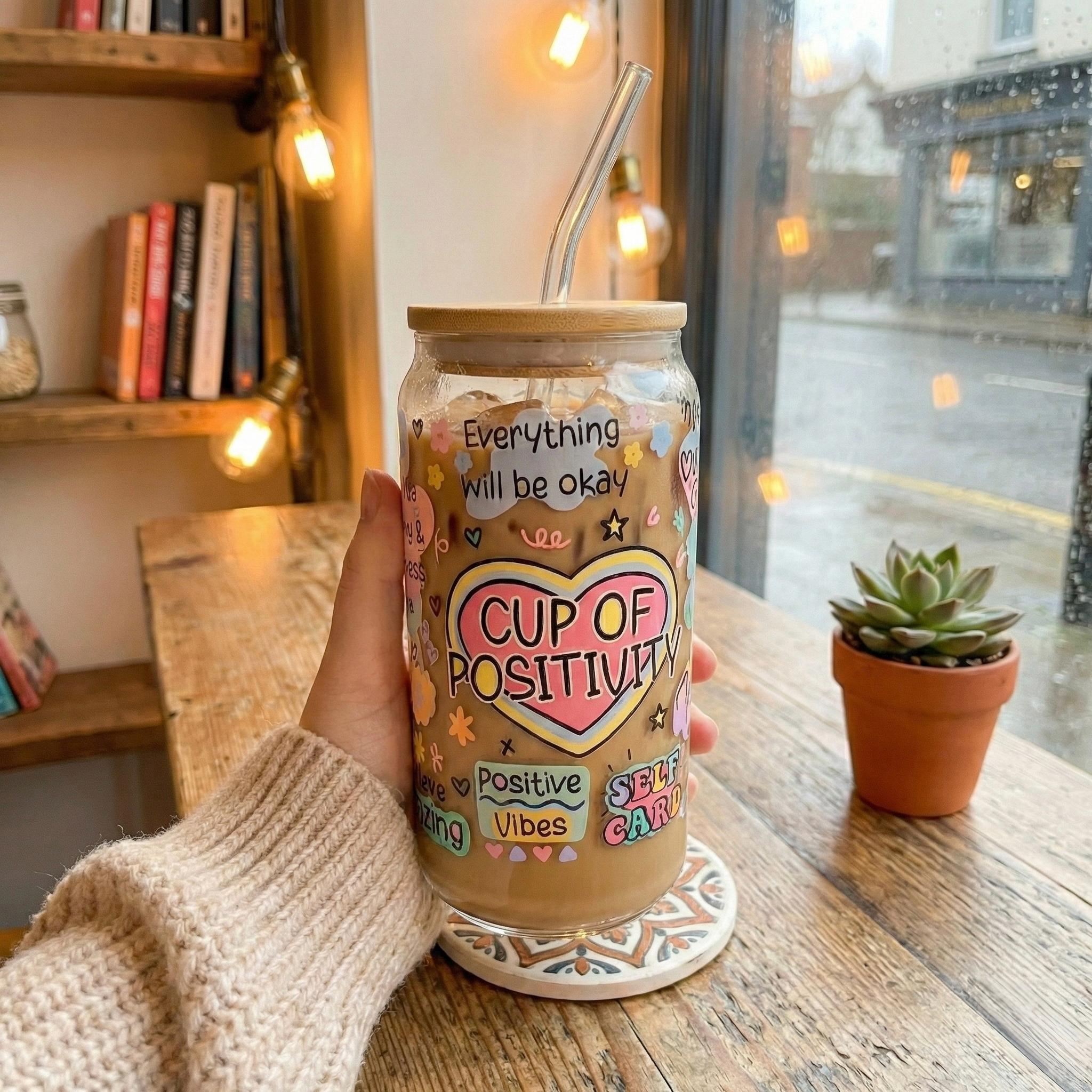 Cup of Positivity – Glass Tumbler with Bamboo Lid & Straw