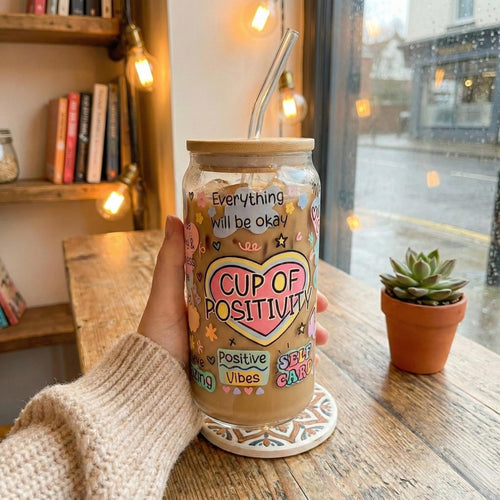 Cup of Positivity – Glass Tumbler with Bamboo Lid & Straw