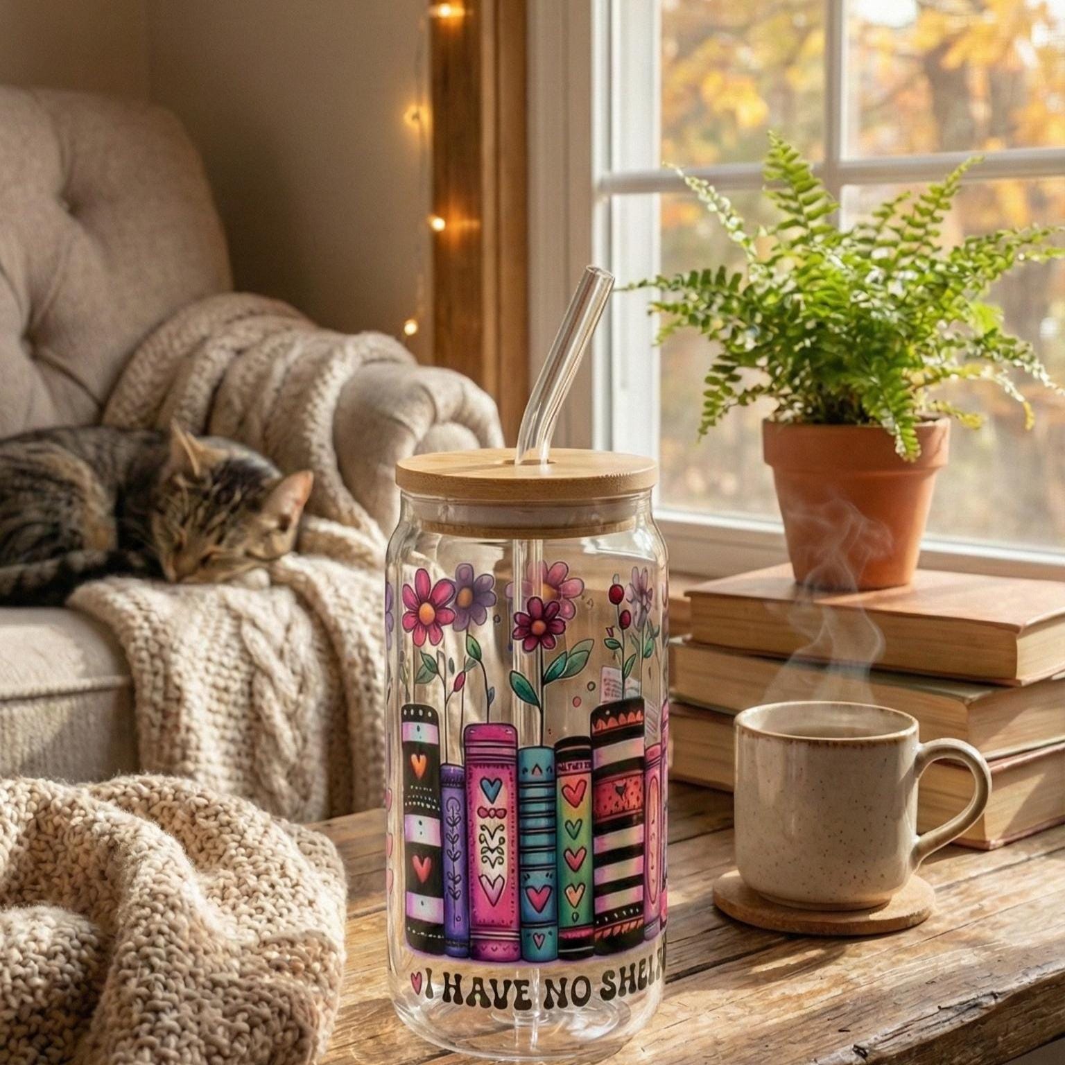 I Have No Shelf Control" Glass Tumbler with Bamboo Lid & Straw | 16oz Bookish Iced Coffee Cup | Funny Reader Gift | Floral Book Spine Art