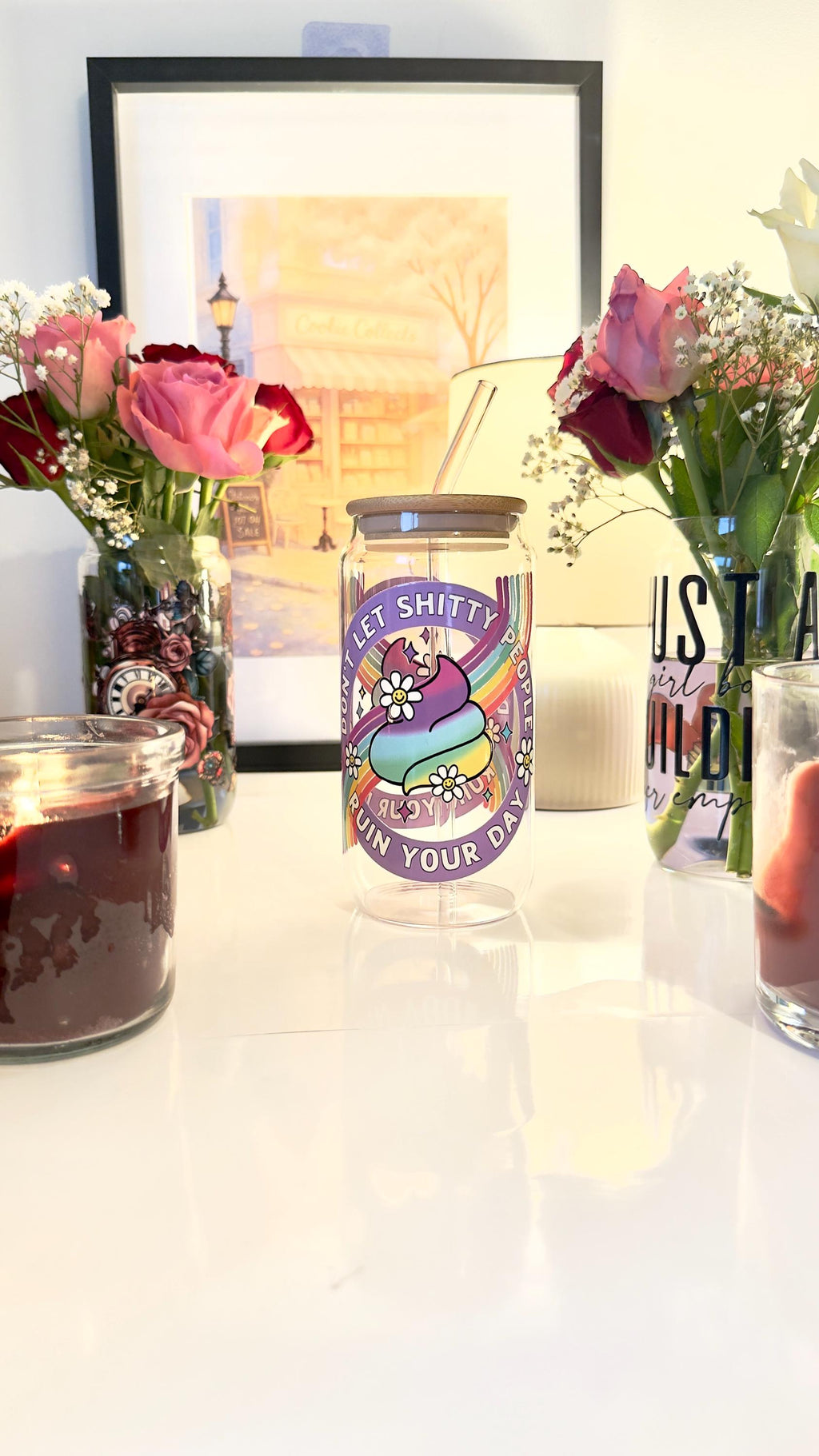 Funny Office Gift for Coworker | "Don't Let Shitty People Ruin Your Day" Glass Can | Sweary Affirmations Tumbler  Rainbow Mental Health Gift