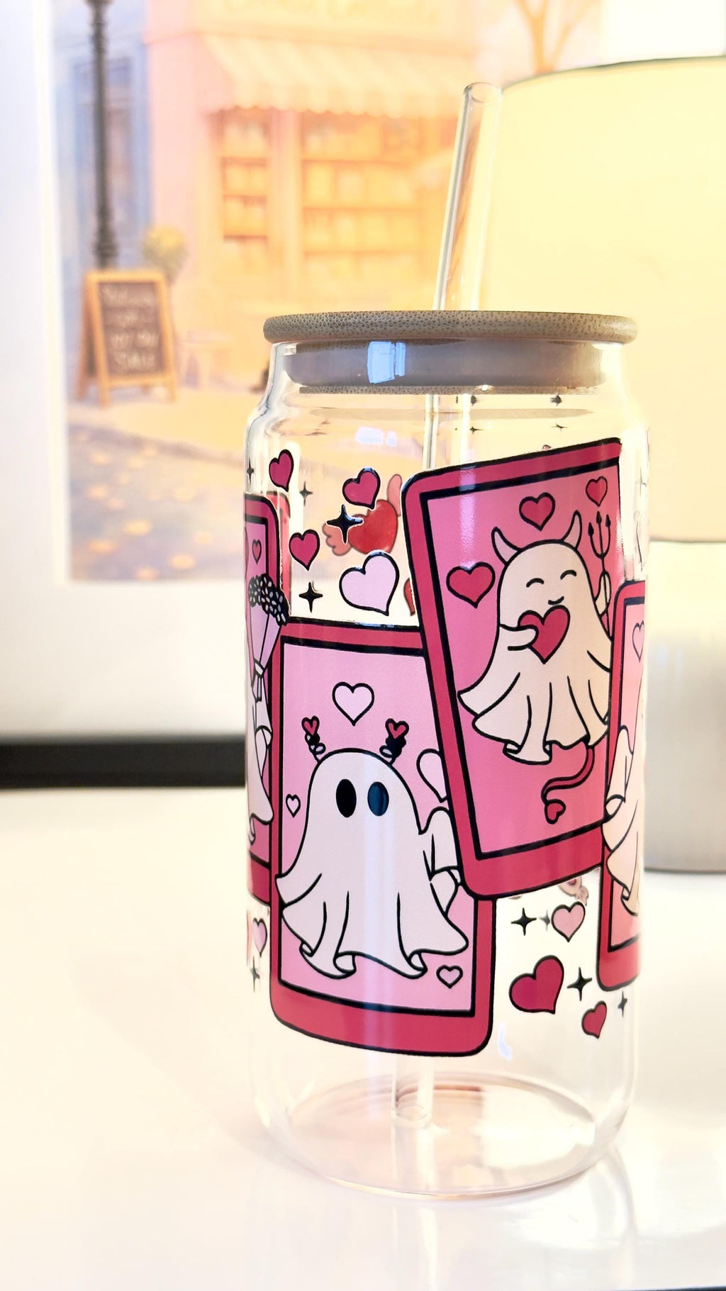 Valentine's Day Ghost Tumbler | Cute Tarot Card Glass Can | Iced Coffee Cup with Bamboo Lid | Spooky Love Gift | Pink Hearts Glass