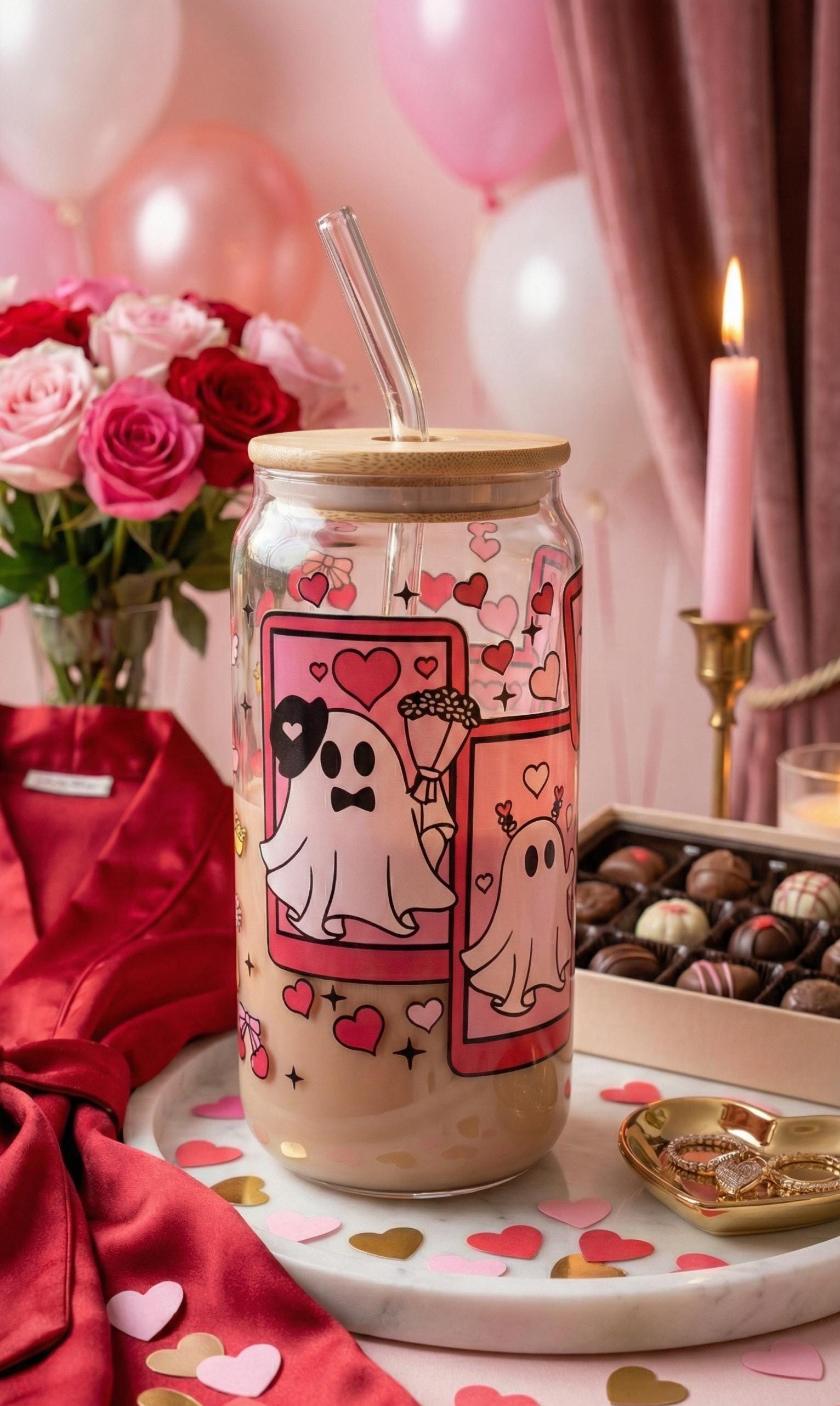 Valentine's Day Ghost Tumbler | Cute Tarot Card Glass Can | Iced Coffee Cup with Bamboo Lid | Spooky Love Gift | Pink Hearts Glass