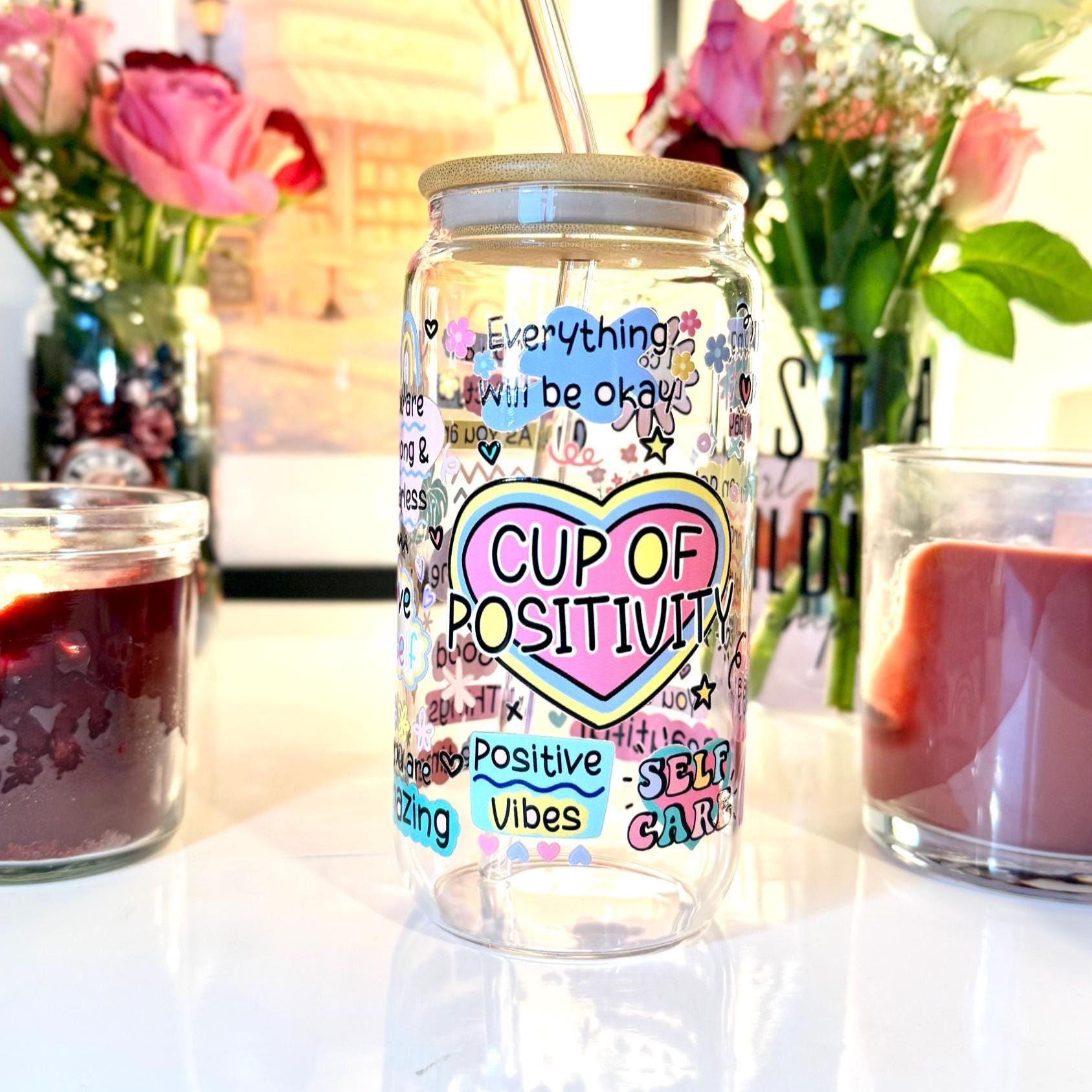 Cup of Positivity – Glass Tumbler with Bamboo Lid & Straw