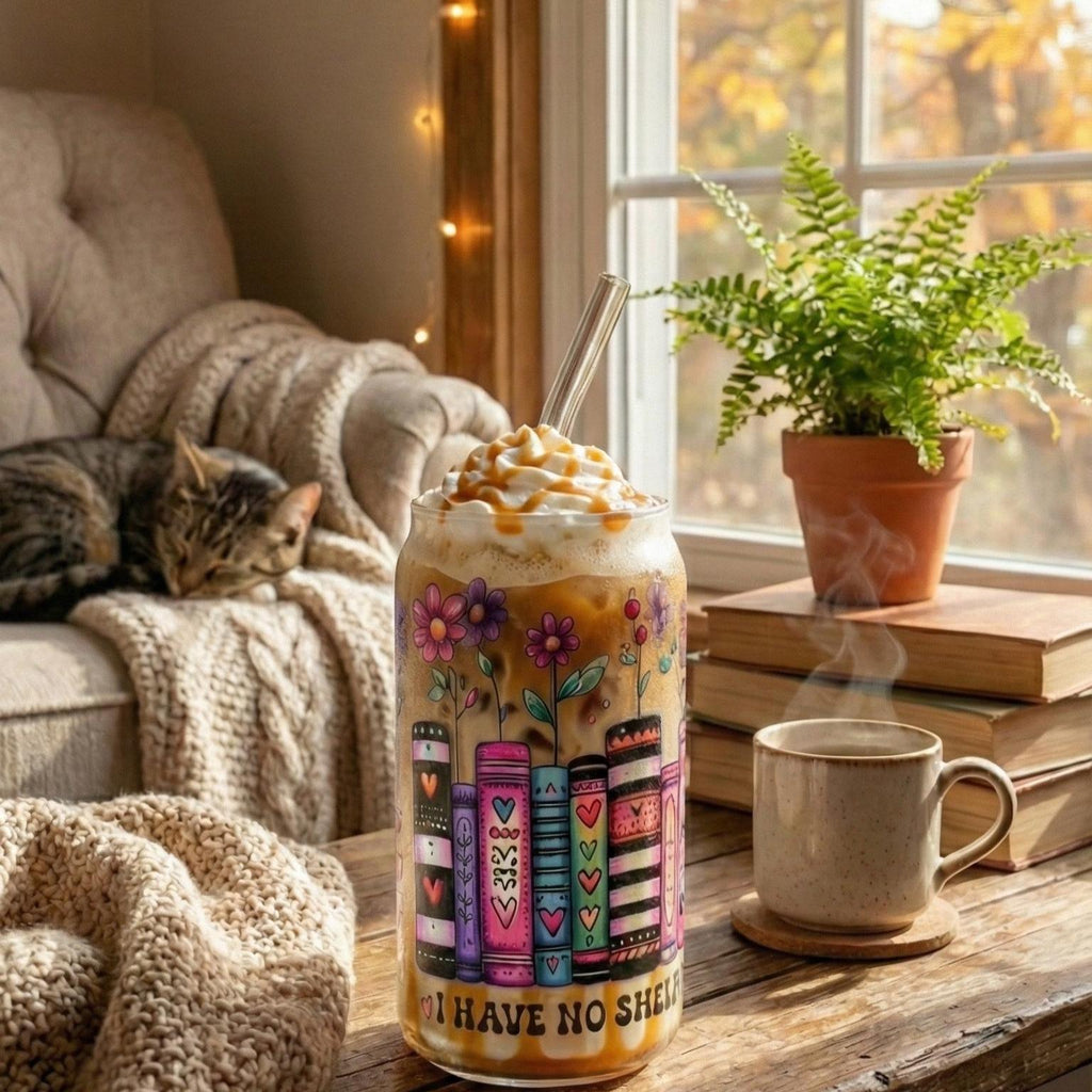 I Have No Shelf Control" Glass Tumbler with Bamboo Lid & Straw | 16oz Bookish Iced Coffee Cup | Funny Reader Gift | Floral Book Spine Art